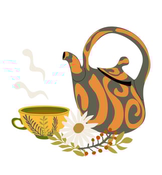 Asian teapot with teacup, leaves, camomile flower and berries. Teatime composition vector