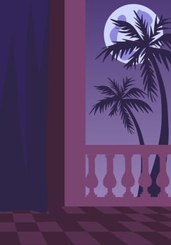 Tropical night on the terrace. Tropical background in trendy dark purple and magenta colors. Back drop, banner, template for poster, cards, invitations vector