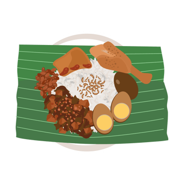 An illustration of a plate of food on a banana leaf png