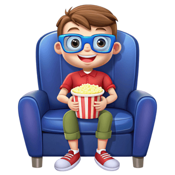 Cartoon Boy with 3D Glasses Enjoying Popcorn While Sitting png