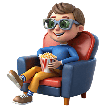 3D Cartoon Boy Wearing Glasses and Holding Popcorn While Sitting png