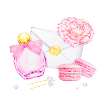 Watercolor composition with pink perfume bottle with ribbon bow, blooming rose, macarons, heart-shaped wax sealed envelope, pearls and hairpin. Perfect for wedding, romantic or feminine prints. png