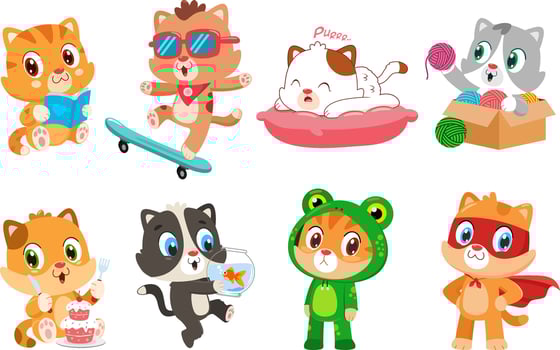Cute Cartoon Cats Engaged in Fun and Adorable Activities Like Skating, Reading, Sleeping, and Dressing Up vector