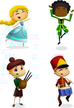 Cheerful Cartoon Kids Dressed in National Clothes Playing Musical Instruments and Dancing at Festive Christmas Occasions vector