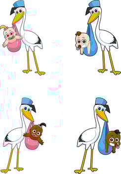 Newborn Delivery by Stork , Adorable Cartoon Baby Transport Illustration for Parenting, Birth Celebration, and Childcare Themes vector