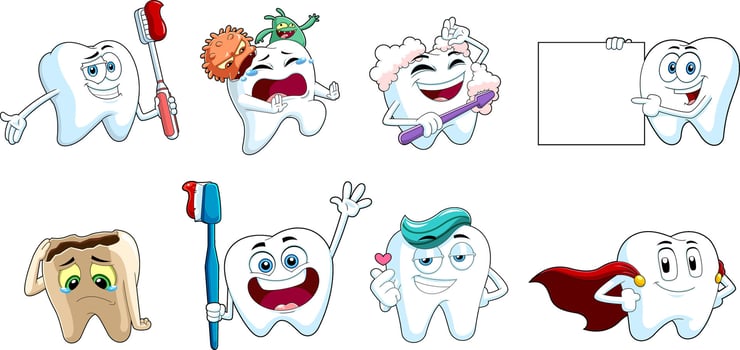 Cute Tooth Cartoon Characters. Hand Drawn Collection Set vector
