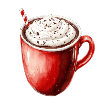 Watercolor of Red Mug with Hot Chocolate and Whipped Cream png