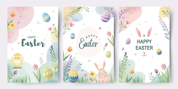 Easter cards with bunny, chick, tulips. Happy Easter. Spring holiday greeting card collection. Springtime banner vector