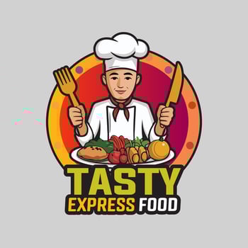 Chef mascot logo design for restaurant, cooking man tasty express food illustration. vector