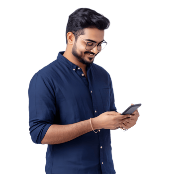 Man in Blue Shirt with Glasses Focused on Smartphone png