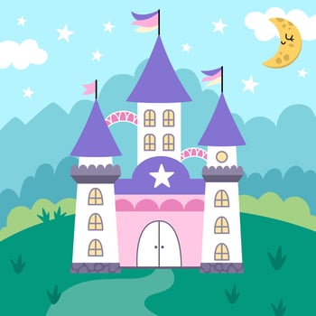square background with unicorn castle, field, clouds, stars. Fantasy world scene with palace, purple roofs, towers. Fairytale landscape for card, book. Cute kingdom illustration for kids vector