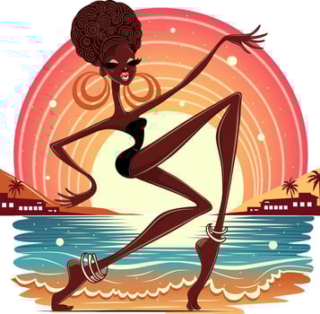 African American woman dancing on the background of the ocean and sun vector
