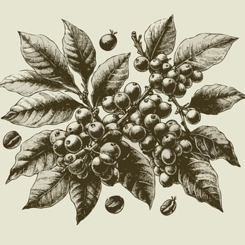 set of decorative elements of plantsCoffee beans and ripe orange. hand drawn illustration. vector