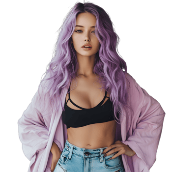 Confident Woman with Bold Purple Hair and Casual Jeans png