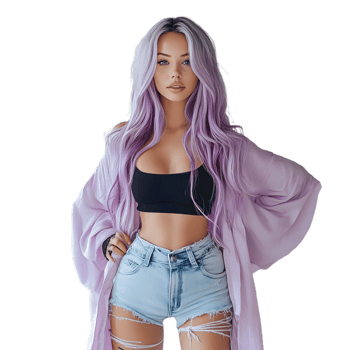 Fashionable Woman Rocking Purple Hair and Ripped Jeans png