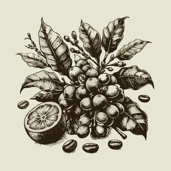 Coffee beans and ripe orange. hand drawn illustration. Coffee beans on branch. hand drawn illustration in sketch style. vector