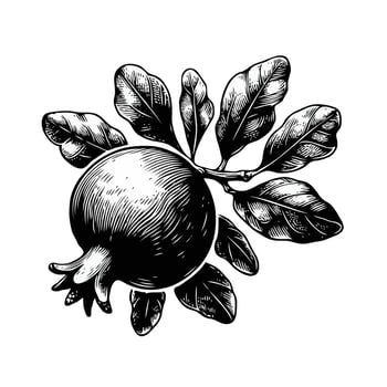 Ripe pomegranates with leaves. Hand drawn illustration. Hand drawn decorative branch with flowers. illustration in vintage style, set of floral elements. vector