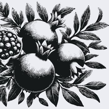 Pomegranate set. Hand drawn illustration. Black and white. Hand drawn black and white line illustration of mango including various elements such as branch with leaves and flowers vector