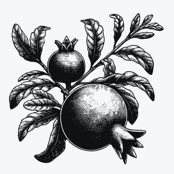 Pomegranate branch with ripe fruits and leaves. Engraved illustration. Pomegranate branch with fruits and leaves. Engraved illustration. vector