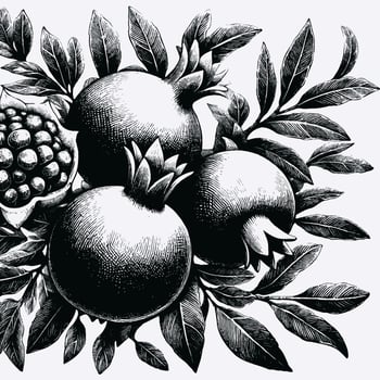 Hand drawn black and white line illustration of mango including various elements such as branch with leaves and flowers vector