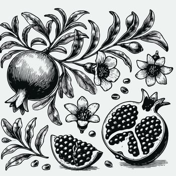 Pomegranate branch with fruits and leaves. Engraved illustration. Pomegranate set. Hand drawn illustration. Black and white. vector