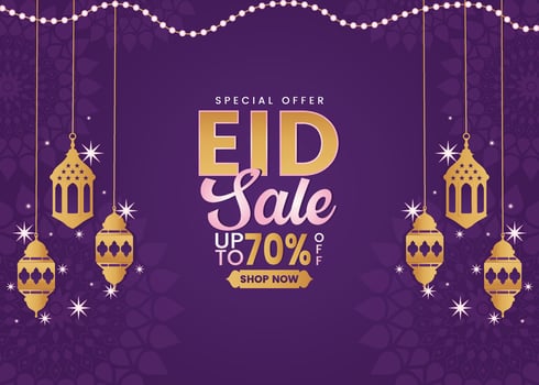 Celebrate Eid with our exclusive sale. Up to 70 percent off on your favorite items features Arabian lanterns, a crescent moon, and a vibrant colorful background. Shop now. vector