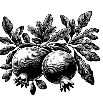 Ripe pomegranates with leaves. Hand drawn illustration. Illustration of outline black and white, linear, hand drawn flower. vector