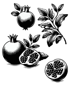 Pomegranate Botanical Illustration. minimalistic, stylized, hand drawn black and white line illustration Plant including various elements such as branch with leaves and flowers cut in half vector