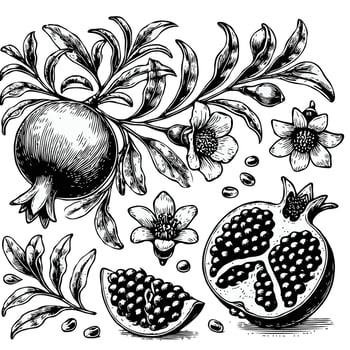 Adobe Illustrator Artwork, Ripe pomegranates with leaves. Hand drawn illustration. Pomegranate Botanical Illustration. vector