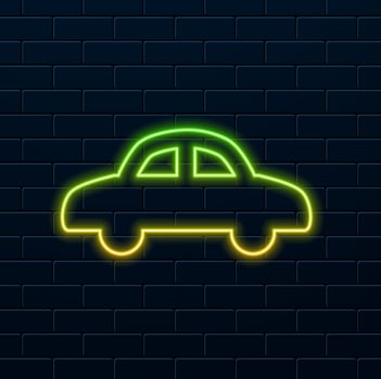 Glowing neon line toy car icon isolated on black background. Colorful outline concept. vector