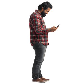 A man with a beard standing, gazing at his phone with a clear background png