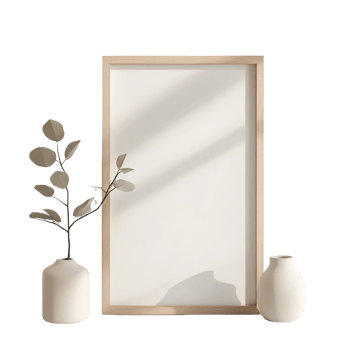 Wooden Frame with Plants and White Vases Minimalist Still Life png