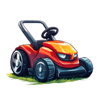 A stylized illustration of a red lawnmower on grass png