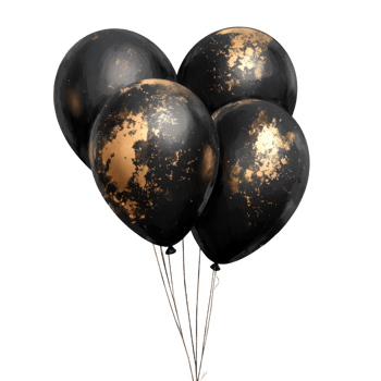 Black and gold balloons clustered together in a bunch png