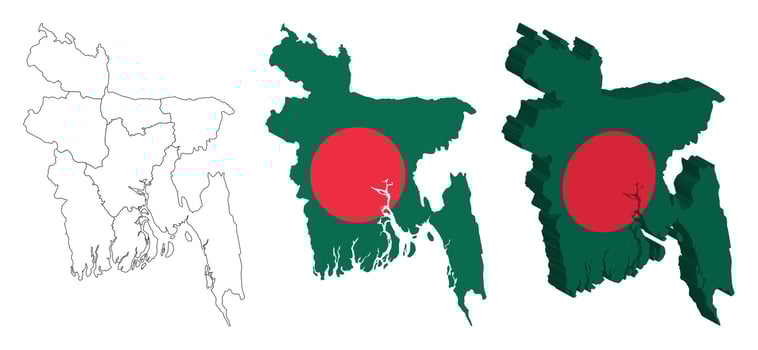 Bangladesh outline, fill with flag and 3d map vector