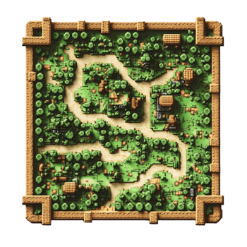 Pixel Art Map of Forest with Trees and Small Town on Transparent Background png