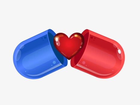 Love pill. Romantic conceptual illustration. Medicine heartcare, cardiology. Valentine's Day card with pill and red heart, banner or invitation. vector