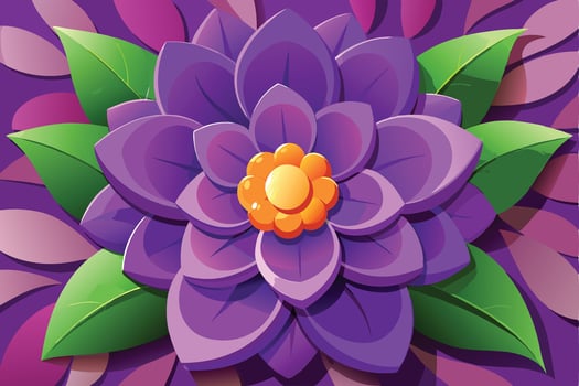 Vibrant Purple Flower Blossom, Detailed Petals, Green Leaves, Artistic Design. vector