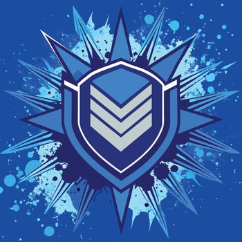 Abstract Blue Shield Emblem Spiky Starburst Design, Grunge Texture. vector