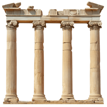 Ancient Ruins Featuring Four Ionic Columns and a Damaged Architrave png