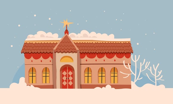 A Charming Winter Cottage, Set Against a Beautiful Star and Snow Background Scene vector