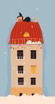 Decorated winter house, House in the snow stands against the background of sky and snowflakes, retro house vector