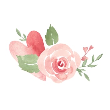 Valentine's day or Wedding floral Composition from Heart and Pink Rose. Ala Prima Simple painting isolated on a white background. Love and Romantic design elements for cards, invitations and prints. vector