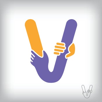 Unique handshake letter V design logo. Collaboration, help, agreement and teamwork corporate company design. vector