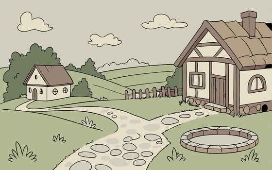 Cartoon illustration of a quaint countryside scene with two houses. vector