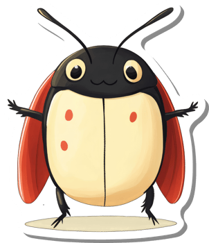 A cheerful cartoon ladybug with red wings and black head png