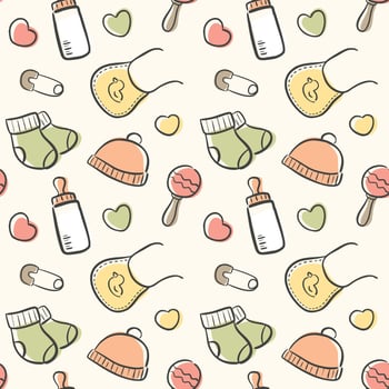 pastel seamless baby pattern with cute hand drawn baby gear illustration. perfect for wrapping paper, wallpaper, cards, prints, and decoration vector