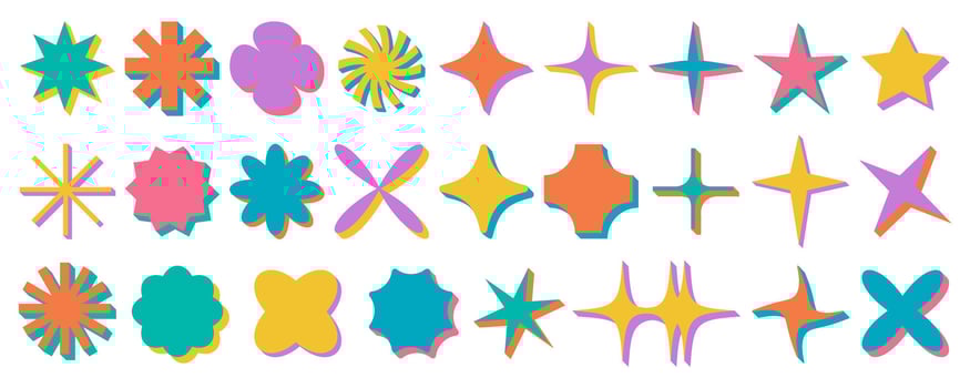 Modern retro y2k star element collection, abstract simple cartoon silhouette form for poster or banner graphic, basic decorative brutalism flower figure set, vintage trendy groovy symbol , vector