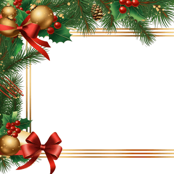 Christmas frame with pine, holly, and ornaments png