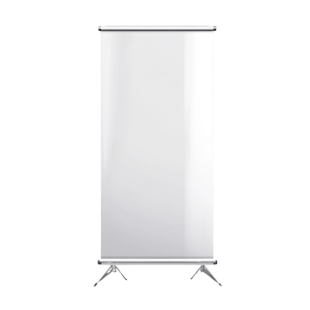 A blank retractable banner stand displays advertising space. cut out png